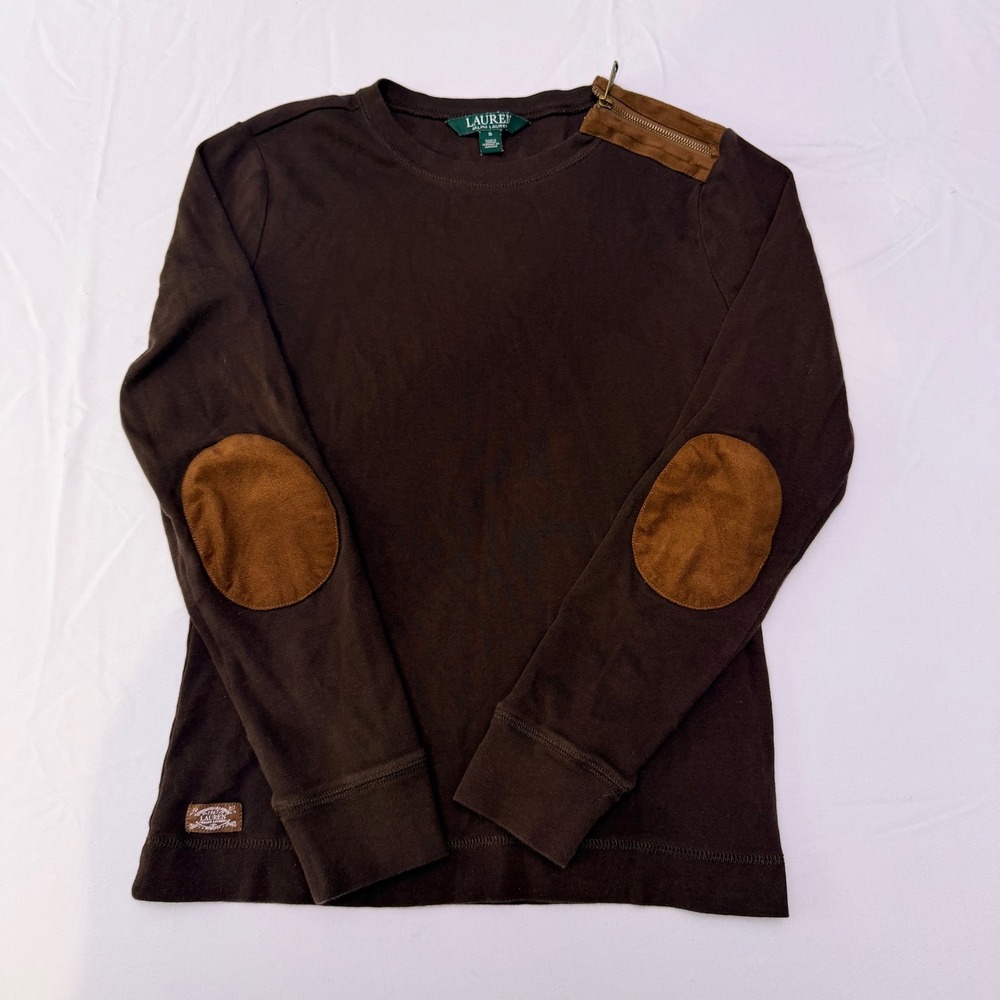 Lauren Ralph Lauren Brown Long Sleeve Top Suede Elbow Patch Zipper Shoulder S